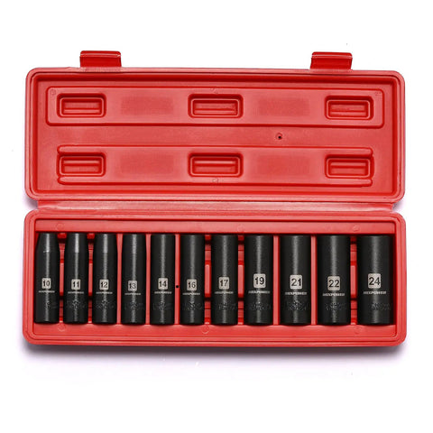 11 Piece 1/2 Inch Drive Deep Impact Socket Set Metric 10 11 12 13 14 16 17 19 21 22 24mm 6 Point CR-V Steel in red case
