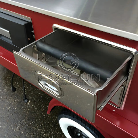 Close-up view of storage drawer in 10.5Ft Turnkey Mobile Food Truck And Concession Trailer featuring stainless steel design.