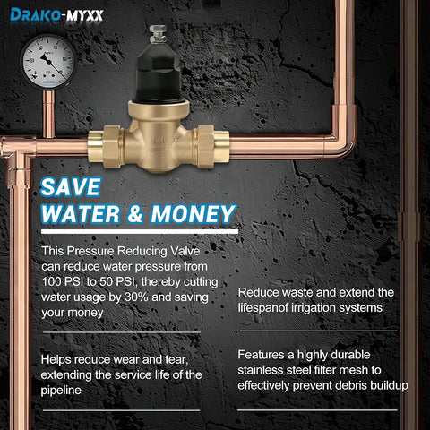 Drako-Myxx NR3XL pressure reducing valve, brass body with double union FNPT and copper piping