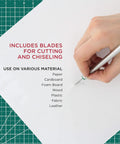 Hand using blade from Deluxe 56 Piece Cutting Knife Set With Magnetic Case For Precision Hobby Work Pro Grade Craft Knife Kit