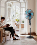 18 Inch Pedestal Fan With Remote Control And Killer Airflow 9 Speed Settings 3 Modes Oscillating Adjustable Height in living room
