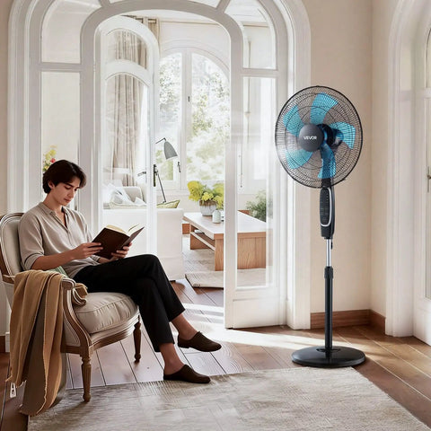 18 Inch Pedestal Fan With Remote Control And Killer Airflow 9 Speed Settings 3 Modes Oscillating Adjustable Height in living room
