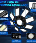 Image of 240W LED Garage Light 2 Pack With 8 Deformable Panels, 24000 Lumens Daylight 6500K Shop Ceiling Light For E26 E27 Sockets