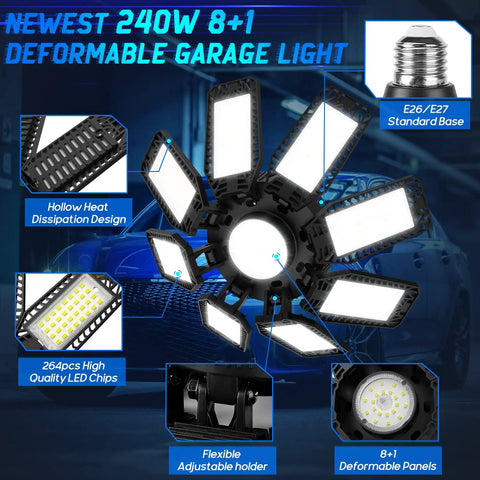 Image of 240W LED Garage Light 2 Pack With 8 Deformable Panels, 24000 Lumens Daylight 6500K Shop Ceiling Light For E26 E27 Sockets
