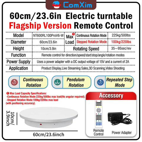 Top Rated 23.6 Inch Heavy Duty Motorized Electric Turntable With Remote Control Rotating Photography Platform For Display, 3D Scanner And Studio Shoots, Supports Up To 500 Lbs Capacity image showcasing dimensions and features.