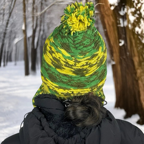 Back view of Cozy Winter Wool Knit Beanie With Fleece Lined Earflaps For Cold Weather Ski And Mountaineering, green and yellow pattern