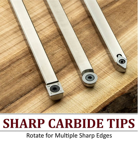 Carbide wood lathe tools kit for easy turning hollower rougher and detailer with sharp carbide tips on wood surface.