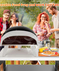 Movable Pizza Oven Table And Prep Cart For Outdoor Grills with food and drinks on a rolling stand at a backyard event