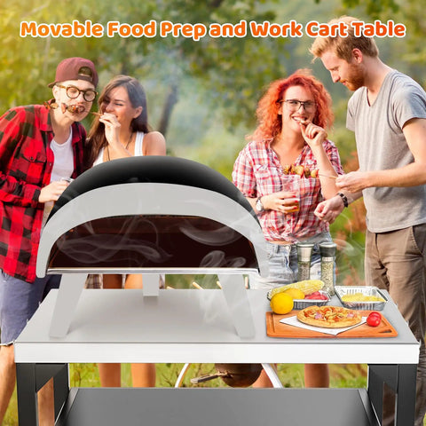 Movable Pizza Oven Table And Prep Cart For Outdoor Grills with food and drinks on a rolling stand at a backyard event