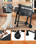 Barrel Charcoal Grill With Side Tables And Wheels, 544 Sq In Total Cooking Space, Portable Outdoor BBQ On Wheels seen on patio