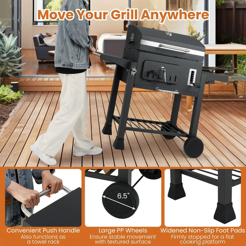 Barrel Charcoal Grill With Side Tables And Wheels, 544 Sq In Total Cooking Space, Portable Outdoor BBQ On Wheels seen on patio