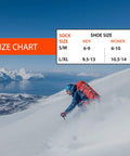 Skier with backpack on snowy slope, size chart for Elite Wool Race Ski Socks For Cold Weather Skiing And Snowboarding, Black Blue, Large XL