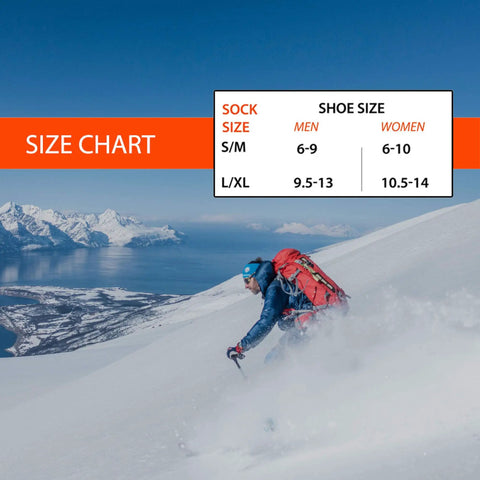 Skier with backpack on snowy slope, size chart for Elite Wool Race Ski Socks For Cold Weather Skiing And Snowboarding, Black Blue, Large XL
