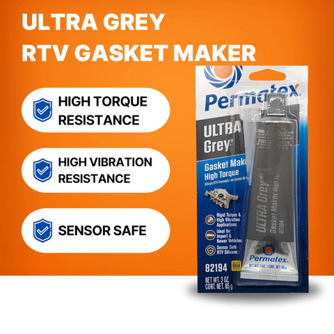 Permatex Ultra Grey RTV gasket maker tube, 3.5 oz, high-torque silicone.