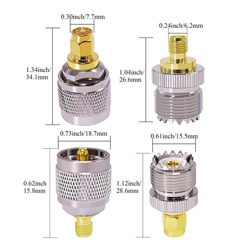 UHF Antenna Adapter Kit For CB Radios And Ham Gear, 50 Ohm Coaxial Connectors PL259 SO239, Brass Construction, Dimensions Shown