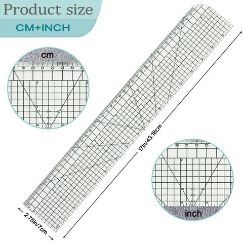 HLZC 2 Piece Hem Ruler Set For Quilting And Pressing Hems Clear Grid Markings Non-Slip Hot Iron Template Tool For Home Sewing Projects 17 Inch ruler with grid markings.