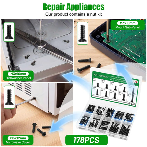 Top Rated M3 Machine Screws Kit With 178 Black Countersunk Flat Head Bolts For 3D Printer Builds Laptop Repair RC Cars Drones And Electronic Gear That Truly Hit Different, showcasing various M3 screws used in appliance repairs.