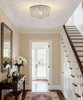 Four Light Crystal Chandelier With Modern Drum Ceiling Light Fixture And Raindrop Flush Mount Round Metal Shade In Chrome Finish