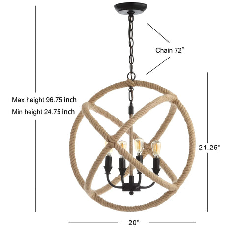 20 Inch Black And Brown 4 Light Iron And Rope Globe Pendant Light With Adjustable Height Totally Coastal Farmhouse Chandelier