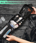 171-piece survival first aid kit in a black MOLLE nylon bag; open view shows scissors, tape, bandages, and compact gear.