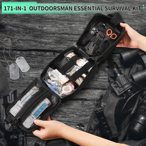 171-piece survival first aid kit in a black MOLLE nylon bag; open view shows scissors, tape, bandages, and compact gear.