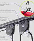 Close-up of Ceiling Bike Hoist Pro Two Pack Hassle Free Assembly showing auto-locking mechanism, nylon rope, and adjustable pulleys.