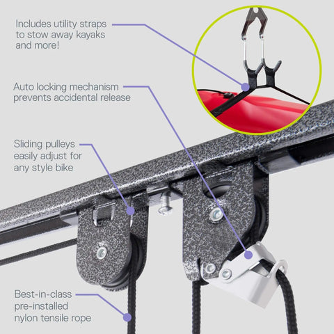Close-up of Ceiling Bike Hoist Pro Two Pack Hassle Free Assembly showing auto-locking mechanism, nylon rope, and adjustable pulleys.