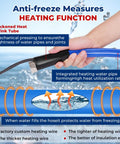 Front view of blue RV heated water hose with black heat-shrink grip and metal connector, 30 ft length