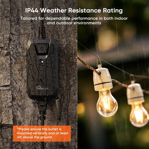 IP44 weatherproof 400 Watt outdoor dimmer plug mounted on a tree with string lights, showcasing brightness control for outdoor use.