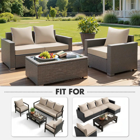 Beige Outdoor Seat Cushion 24 By 24 Inch Waterproof And Fade Resistant Deep Seat And Back Cushion For Patio Furniture Chair Sofa Couch With Handle And Adjustable Straps Slip Resistant shown on patio furniture.