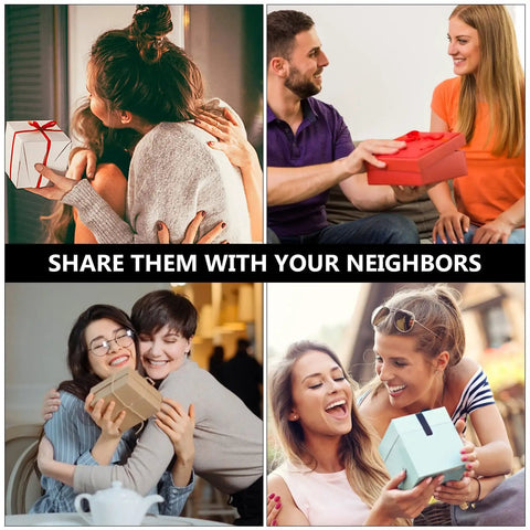 People exchanging gift boxes in various heartwarming settings.