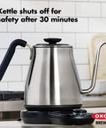 Gooseneck Electric Kettle For Pour Over Coffee And Tea With Dialed In Temperature In One Degree Increments From 104 To 212 Fahrenheit And 40 To 100 Celsius Built In Brew Timer Stainless Steel 1 Liter on kitchen counter