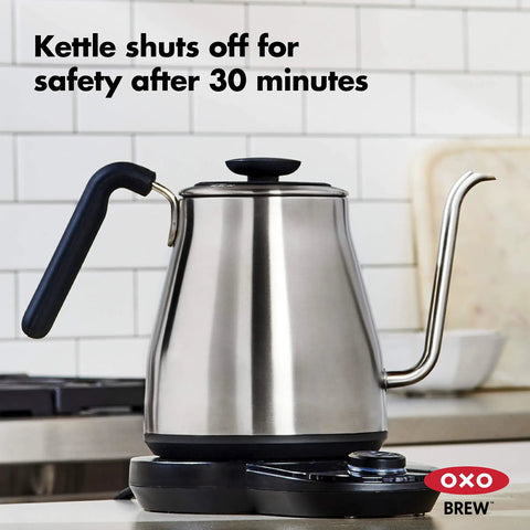 Gooseneck Electric Kettle For Pour Over Coffee And Tea With Dialed In Temperature In One Degree Increments From 104 To 212 Fahrenheit And 40 To 100 Celsius Built In Brew Timer Stainless Steel 1 Liter on kitchen counter
