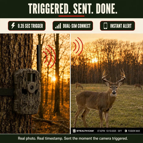 Cellular Trail Camera Bundle With Tree Mount Offering 36Mp Photos And 720P Video With A Hella Fast Trigger Speed Plus 80 Foot Night Vision For Serious Hunters Demanding Kickass App Controlled Game Viewing On LTE And Verizon Networks, showing camera mounted on tree with deer.