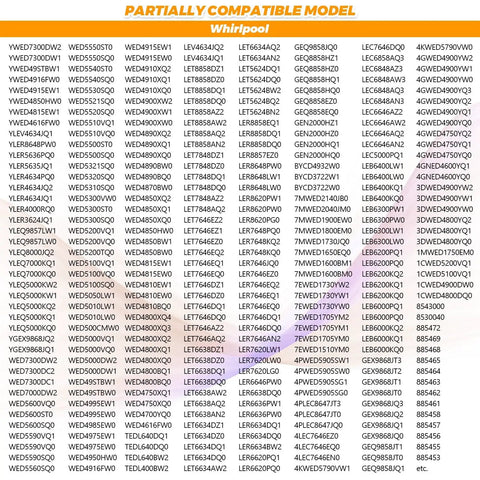 Compatibility chart for Upgraded 279838 Dryer Heating Element Kit NED4655EW1 MEDC215EW1 for various Whirlpool dryer models.