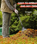 Person using Adjustable Metal Garden Rake With Telescoping Handle 32 To 63 Inch Dethatching And Leaf Collection Tool for leaf cleanup
