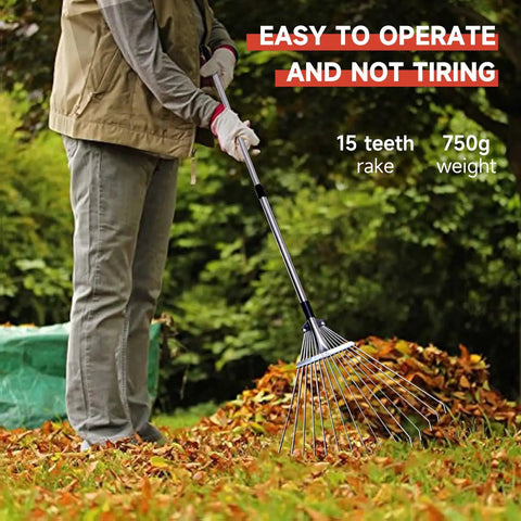 Person using Adjustable Metal Garden Rake With Telescoping Handle 32 To 63 Inch Dethatching And Leaf Collection Tool for leaf cleanup