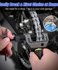 Hands using Pro Grade 14 Piece Heavy Duty Motorcycle Chain Breaker Tool Kit With Chain Cutter on motorcycle chain