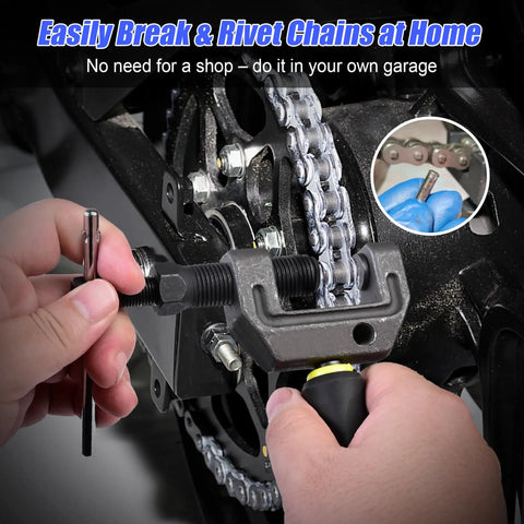 Hands using Pro Grade 14 Piece Heavy Duty Motorcycle Chain Breaker Tool Kit With Chain Cutter on motorcycle chain