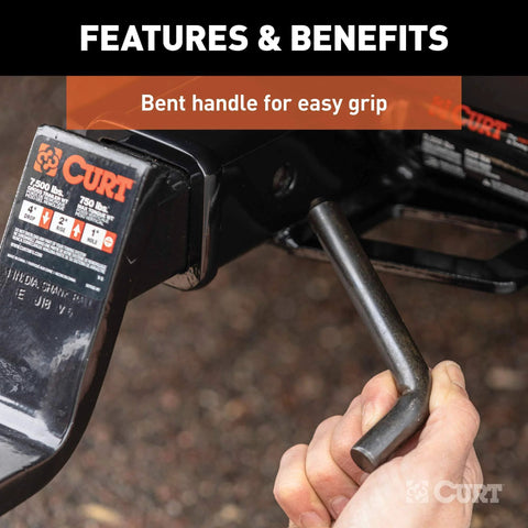 Heavy Duty Trailer Hitch Pin And Clip Five Eighth Inch Diameter Fits Two Inch Receiver Black Easy Grip Angled Bend Works With Class Three Four And Five Hitches, shown with bent handle.