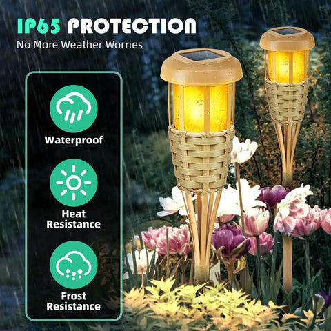 Solar Torch Lights With Realistic Flickering Flame Outdoor Yard Path And Patio Decor 4 Pack Waterproof LED Garden Lights With Bamboo Weave