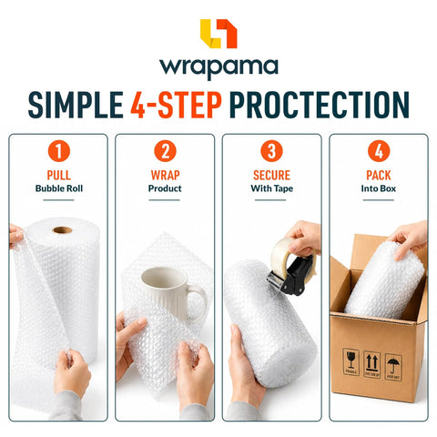 Four-step process using 2 Pack Bubble Roll Wrap 100 Ft By 12 In Clear With Three Sixteenth Inch Small Bubbles Dense Cushioning For Fragile Dishes Packing Shipping And Storage Perforated Every 12 Inches For Easy Tearing