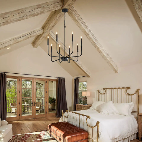 Bedroom with eight light black industrial candle chandelier for dining room and kitchen island, farmhouse rustic pendant.