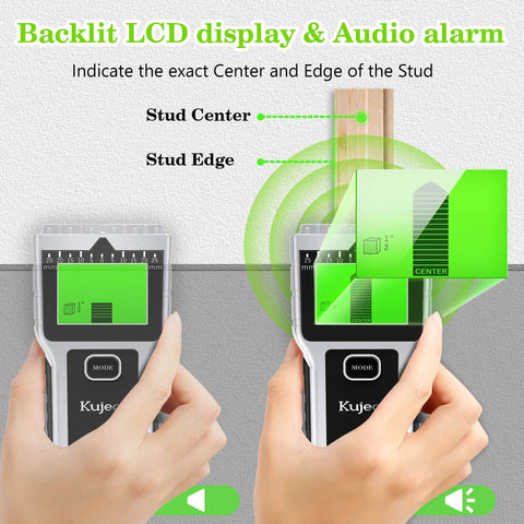 8 In 1 Wall Scanner And Stud Finder With Magnetic Detector LCD Display showing stud center and edge on wood wall