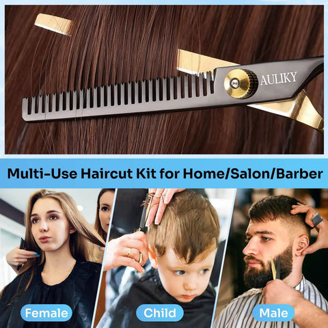 Pro Grade Hair Cutting Scissors Set 15 Pieces Stainless Steel Hairdressing Shears Kit in use for men, women, kids haircuts