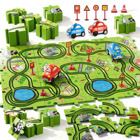 56 Piece Jigsaw Race Track Car Set For Toddlers And Kids Ages 2 3 4 5 6 Colorful City Theme Puzzle Tracks With Cars And Traffic Signs