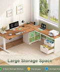 No Sweat 66 Inch Farmhouse L Shaped Standing Desk With Smooth Electric Height Adjustment Three Memory Presets LED Screen Roomy Storage For Your Best Home Office Setup Ever in room with open shelves and drawers.