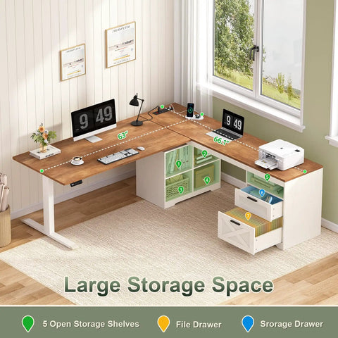 No Sweat 66 Inch Farmhouse L Shaped Standing Desk With Smooth Electric Height Adjustment Three Memory Presets LED Screen Roomy Storage For Your Best Home Office Setup Ever in room with open shelves and drawers.