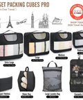 8 piece travel packing cubes set, various sizes with mesh fronts, includes bags for laundry, shoes, and cosmetics, anti-wrinkle buckled suitcase organizer