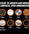 Gorilla waterproof patch & seal tape, black, 4x10 in, shown with swatches: rubber, steel, wood, vinyl.